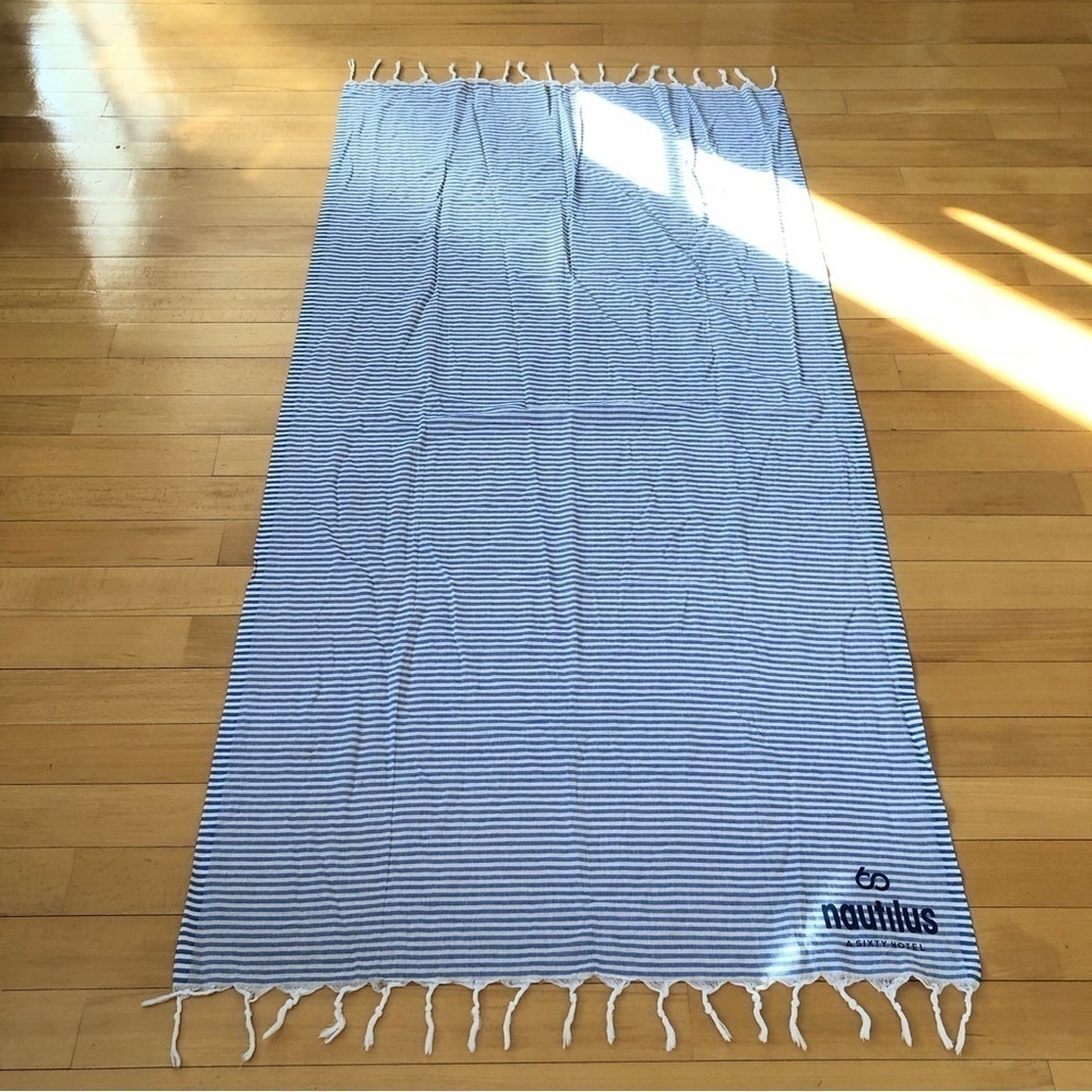 Blue & white stripe lightweight cotton beach blanket rollable